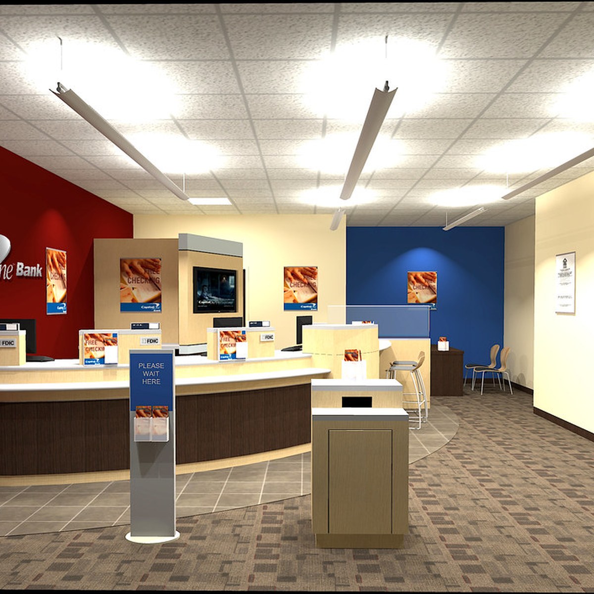 Bank branch interior with teller counter